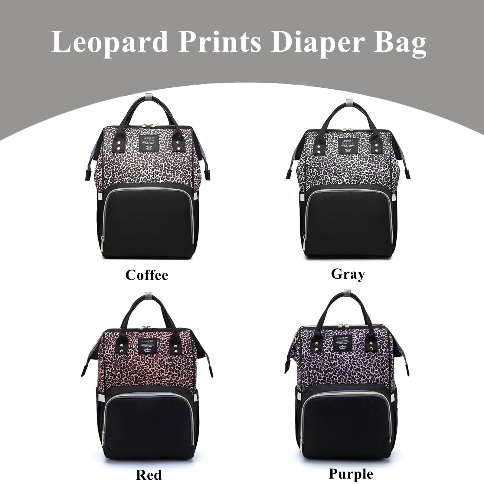 Armbq leopard diaper bag backpack open compartments illustrate quick access and organization.