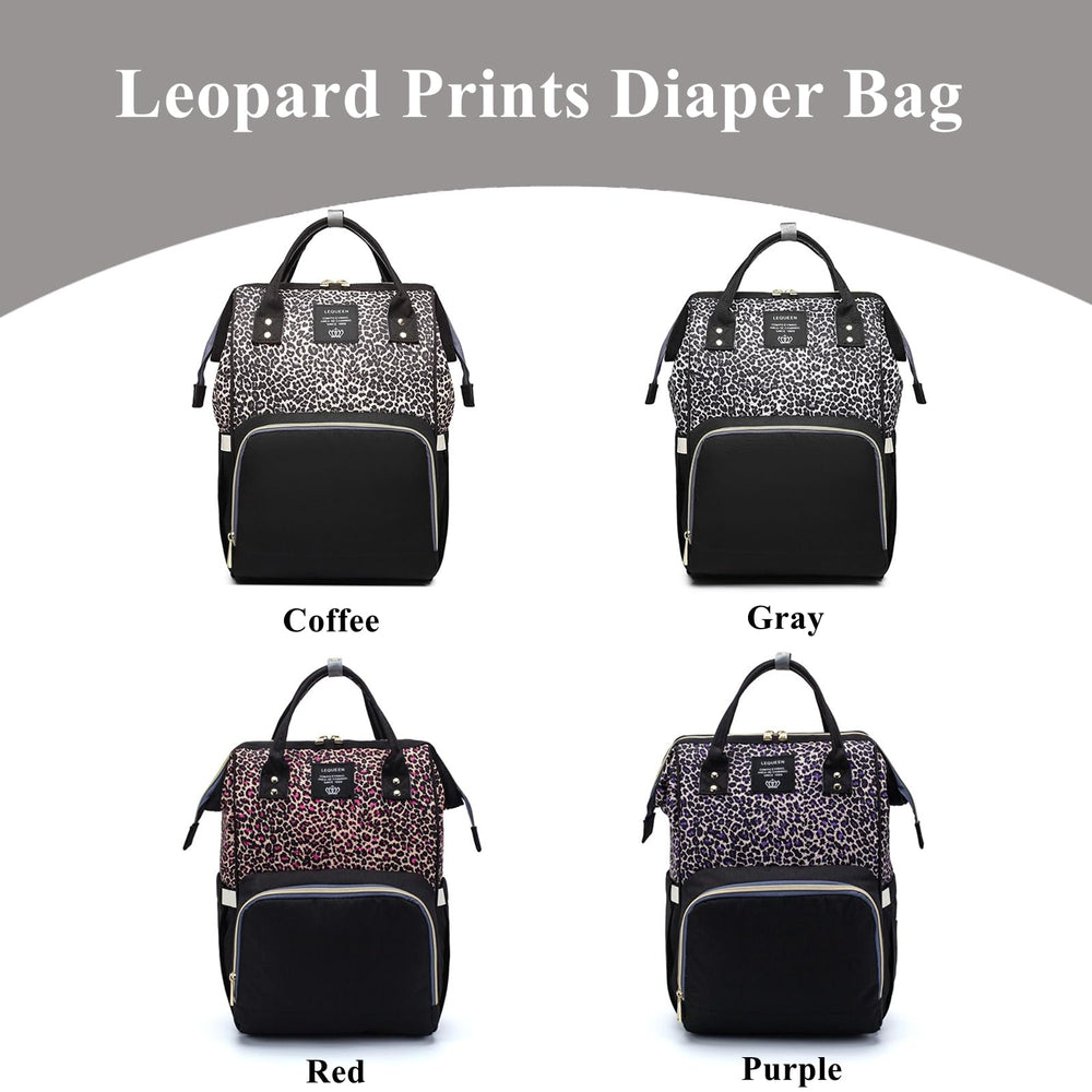 Armbq leopard diaper bag backpack open compartments illustrate quick access and organization.