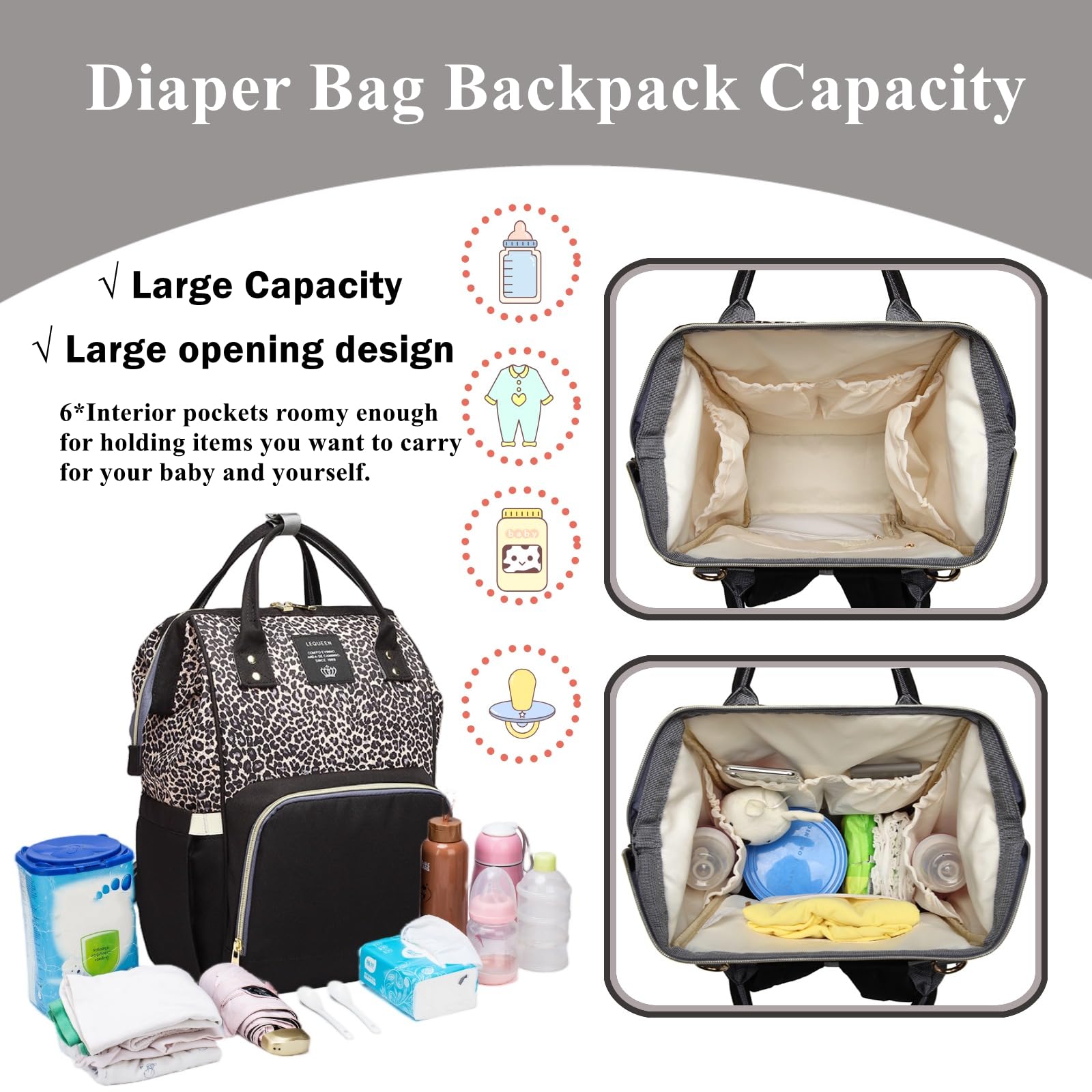 Armbq leopard diaper bag backpack side pockets demonstrates easy access to bottles and gear.