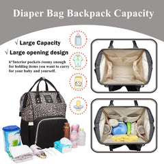 Armbq leopard diaper bag backpack side pockets demonstrates easy access to bottles and gear.