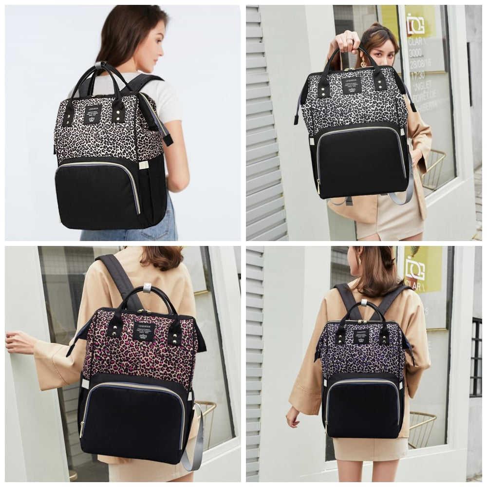 Armbq leopard diaper bag backpack strap detail enhances comfort during outings.