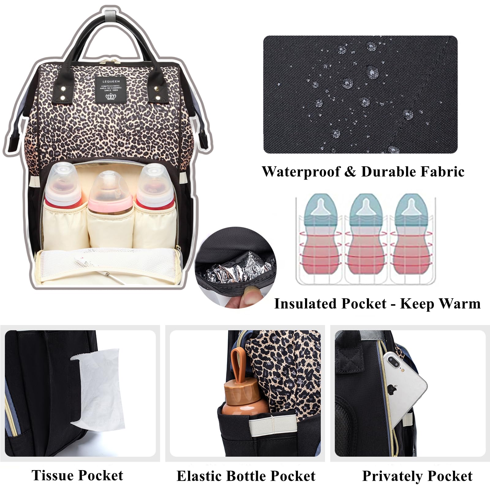 Armbq leopard diaper bag backpack waterproof material endures daily wear and spills.