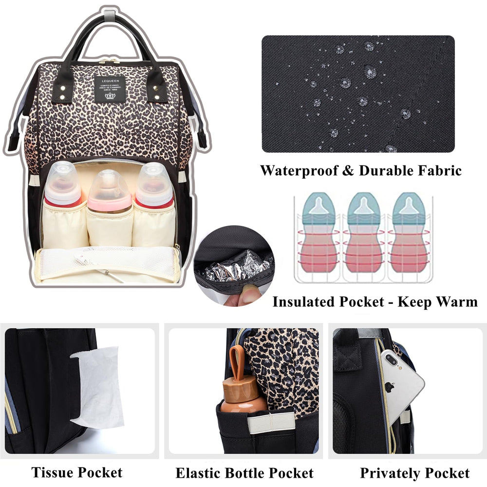 Armbq leopard diaper bag backpack waterproof material endures daily wear and spills.