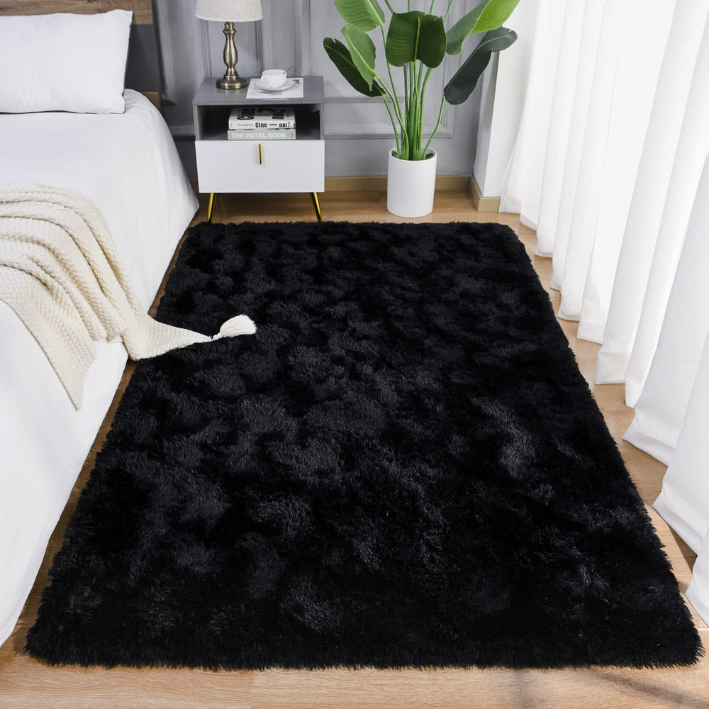 AROGAN luxury soft shaggy rug full view highlights plush texture and modern black decor.