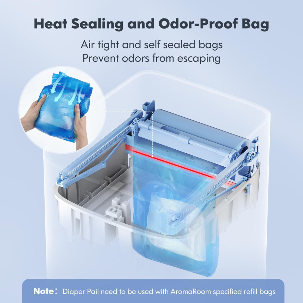 Aroma Room diaper pail auto-sealing mechanism for hands-free use