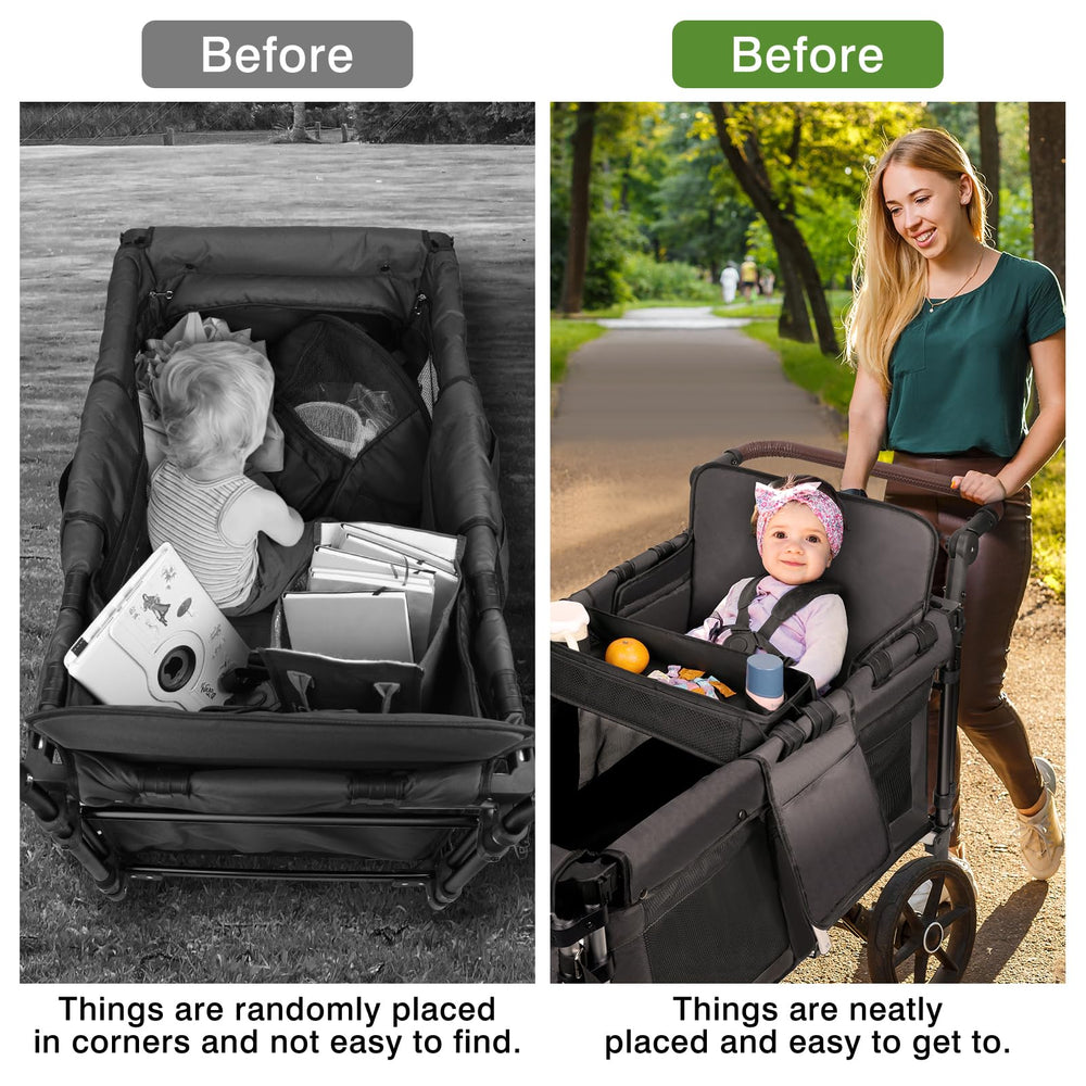AROUY stroller snack tray in-use park scene highlights mess-free snacks