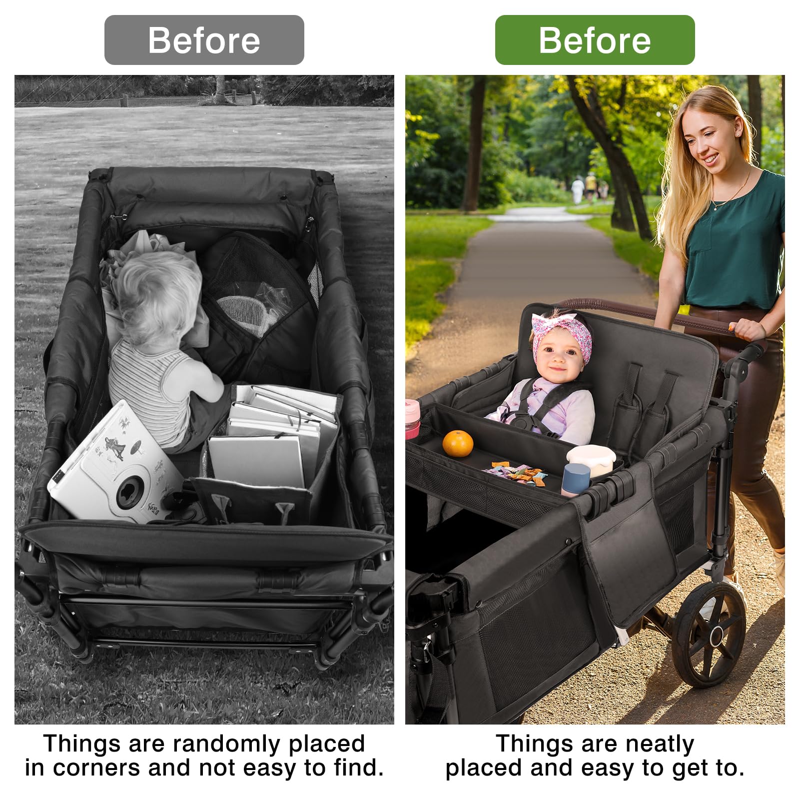 AROUY stroller snack tray in use by child with snacks on a walk.
