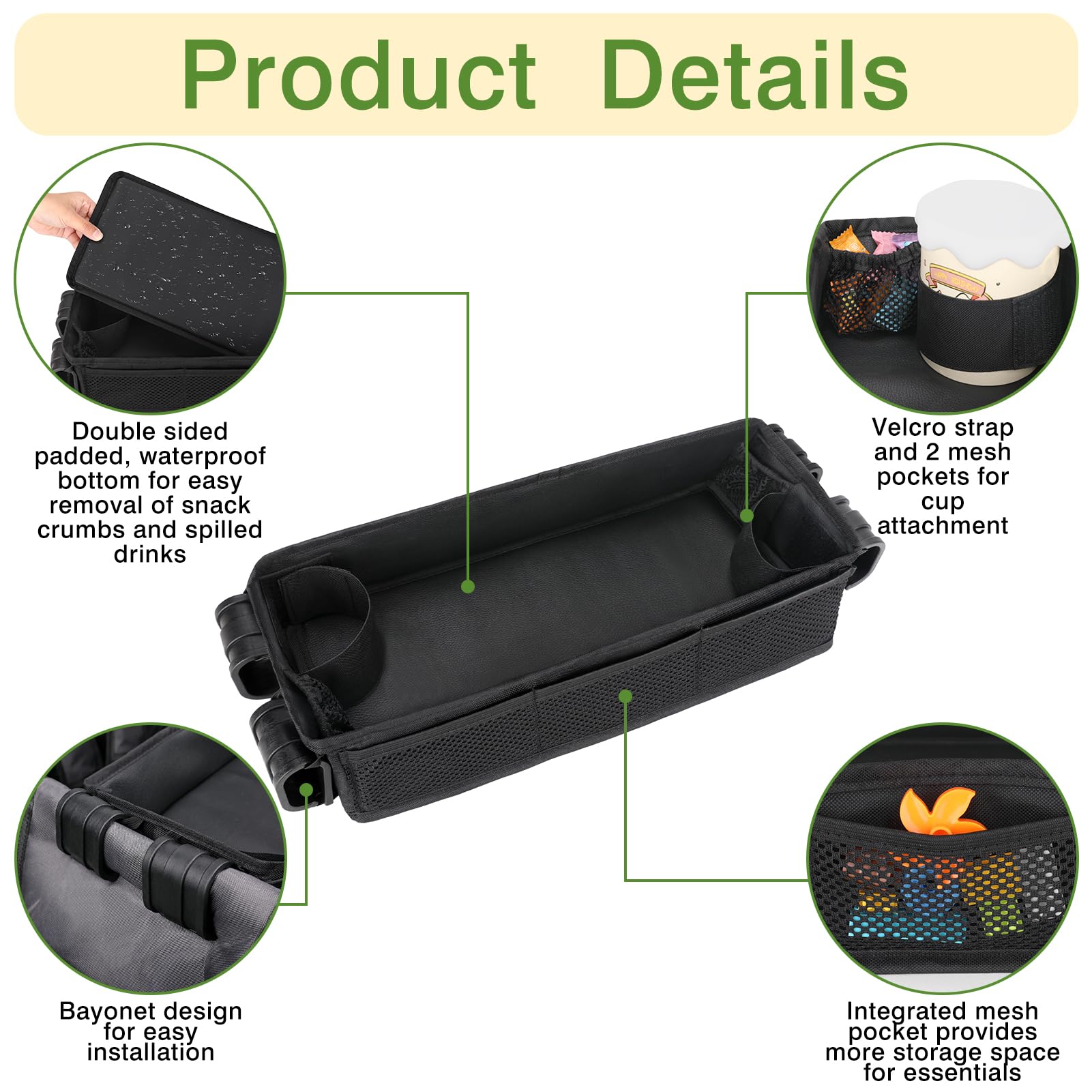 AROUY snack tray cup holder keeps drinks within easy reach during strolls.