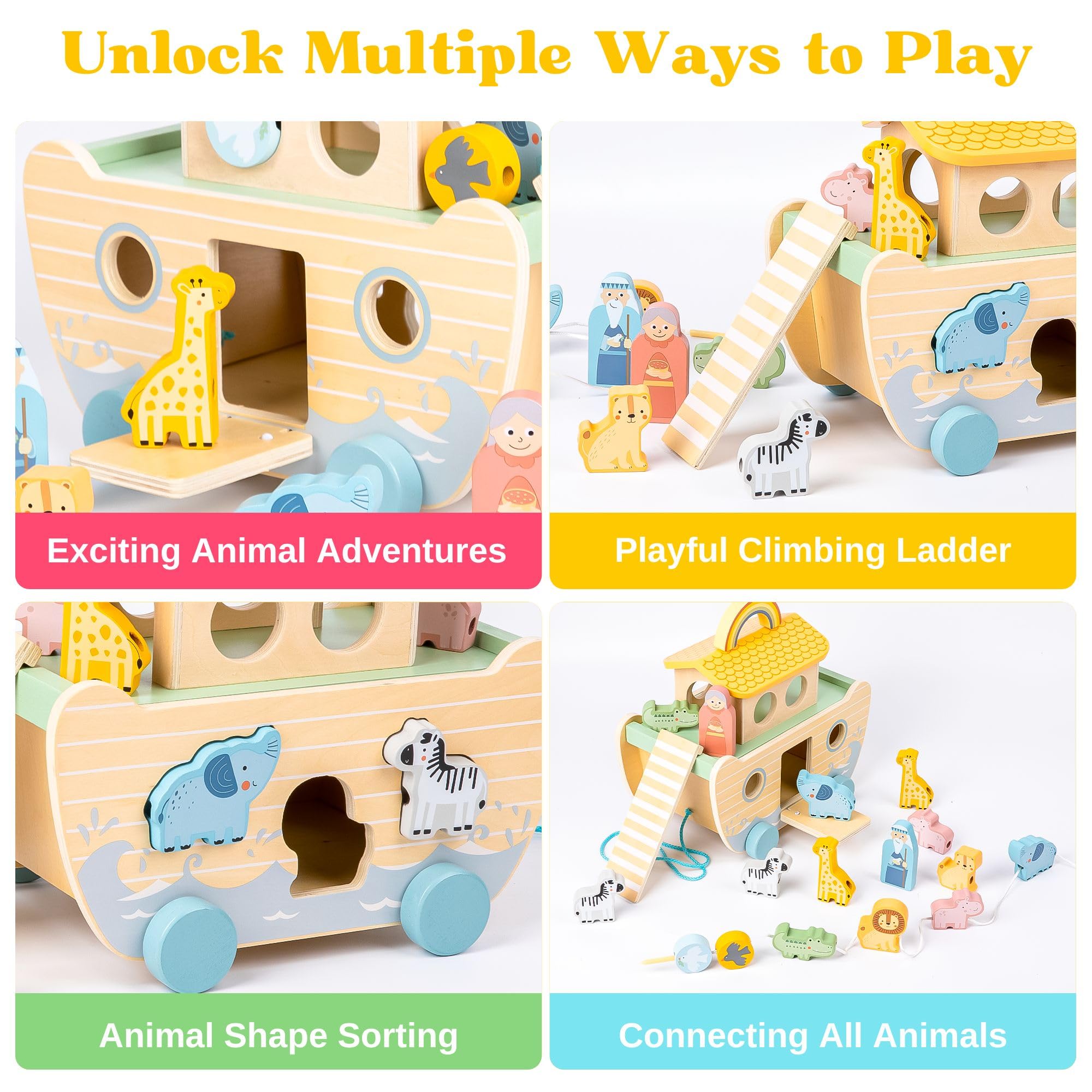 Arristone Noah's Ark with pull rope and wheels for on-the-go play.