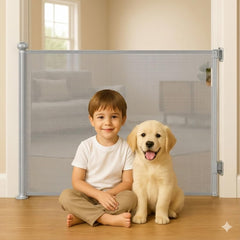 ARSHNAYAS retractable baby gate tall at 35 inches protects stairs indoors.