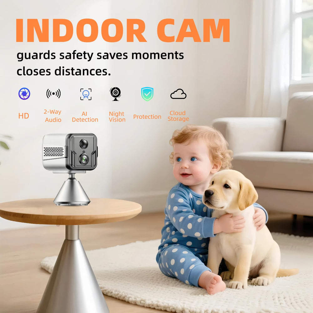 Arstiderne mini indoor camera highlights long-lasting battery life for cordless monitoring.