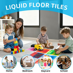 Art3d Liquid Fusion tile pack9 showcases 9 colorful floor tiles for versatile setups.