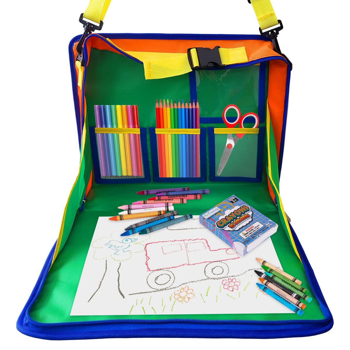 ArtCreativity Kids Travel Tray attached to car seat for organized backseat play.