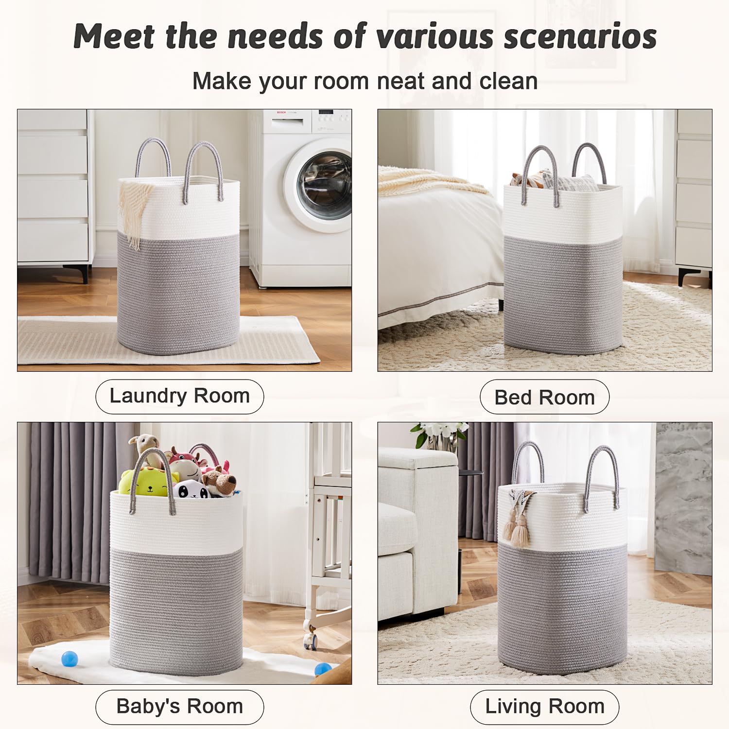 Artfeel gray laundry basket in a bedroom used for linens and sheets.