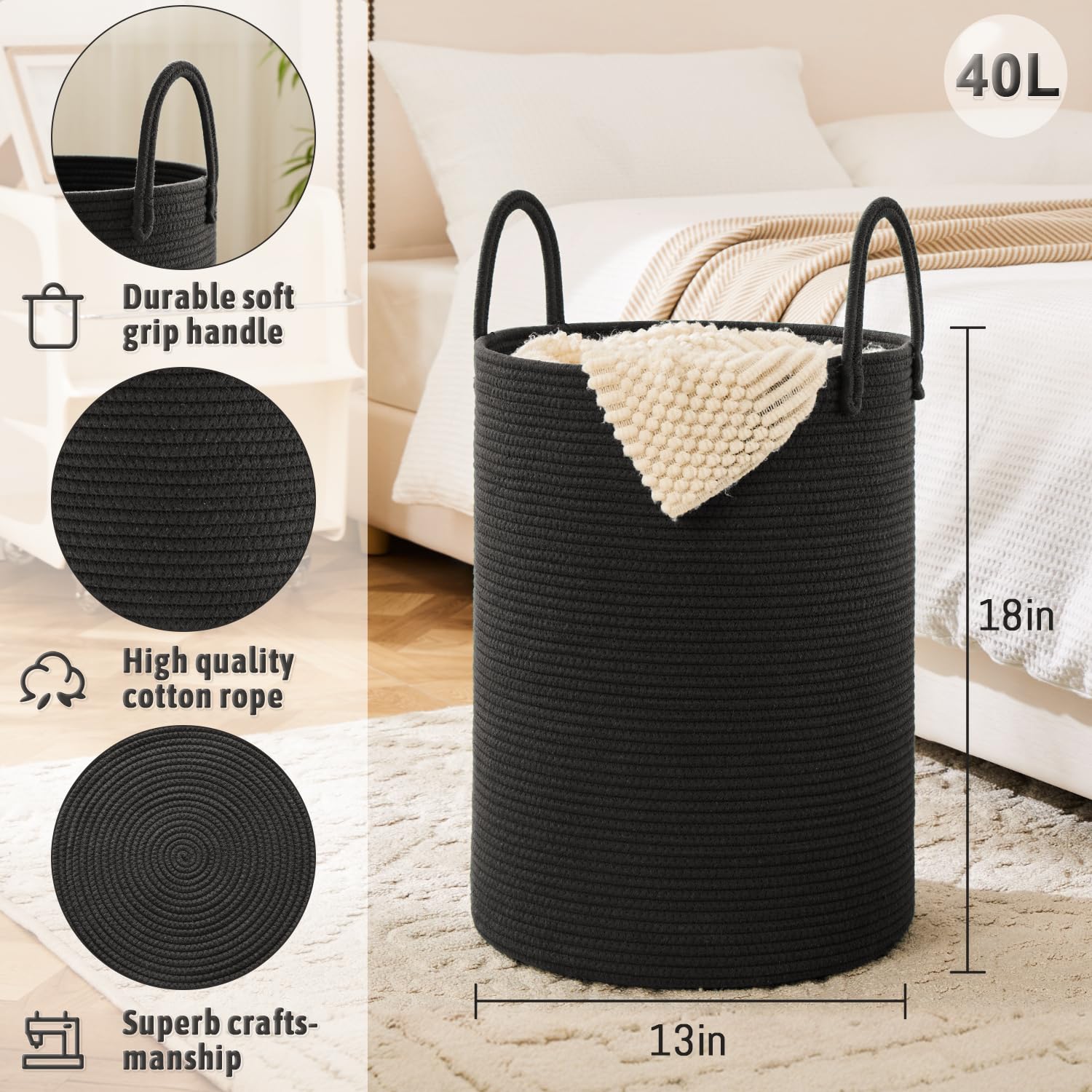 Artfeel laundry basket's breathable cotton rope supports airflow and odor control.