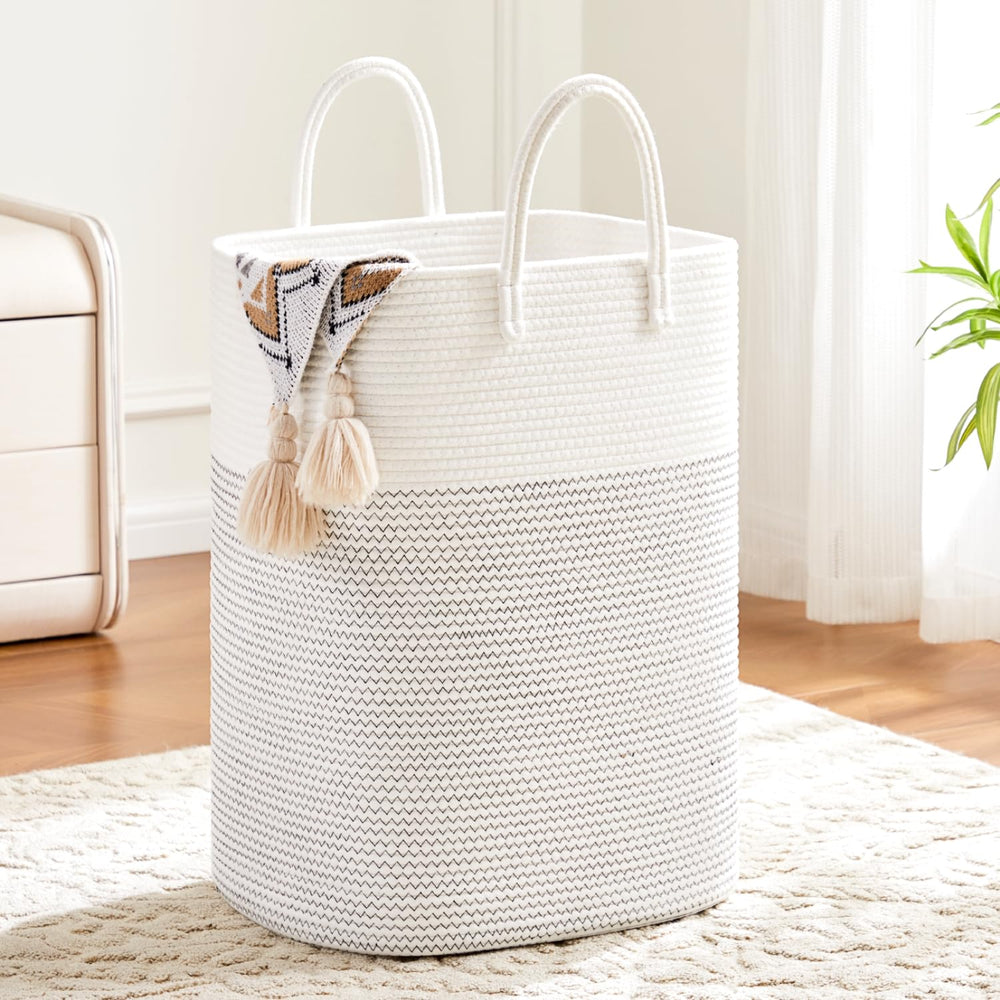 Artfeel laundry basket front view highlights woven cotton rope design for stylish organization.