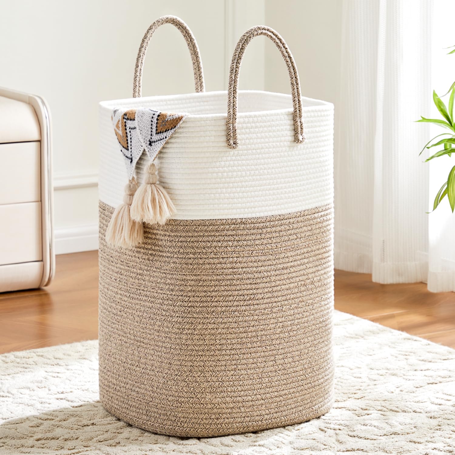Artfeel laundry basket with woven rope in brown, providing organized laundry storage