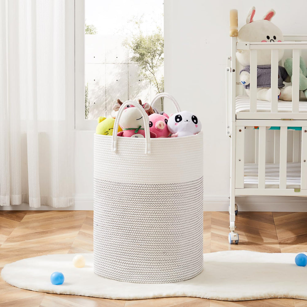 Artfeel laundry basket repurposed as toy storage in nursery or living room.