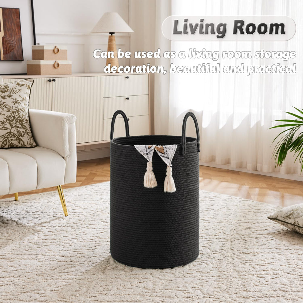 Artfeel laundry basket in a living room demonstrates decorative storage for clothes.