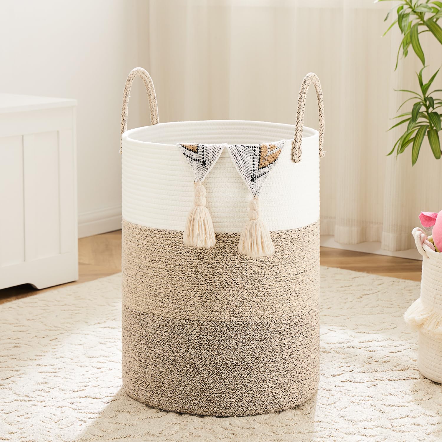 Artfeel laundry basket woven cotton rope 80L showcases natural elegance for home decor.
