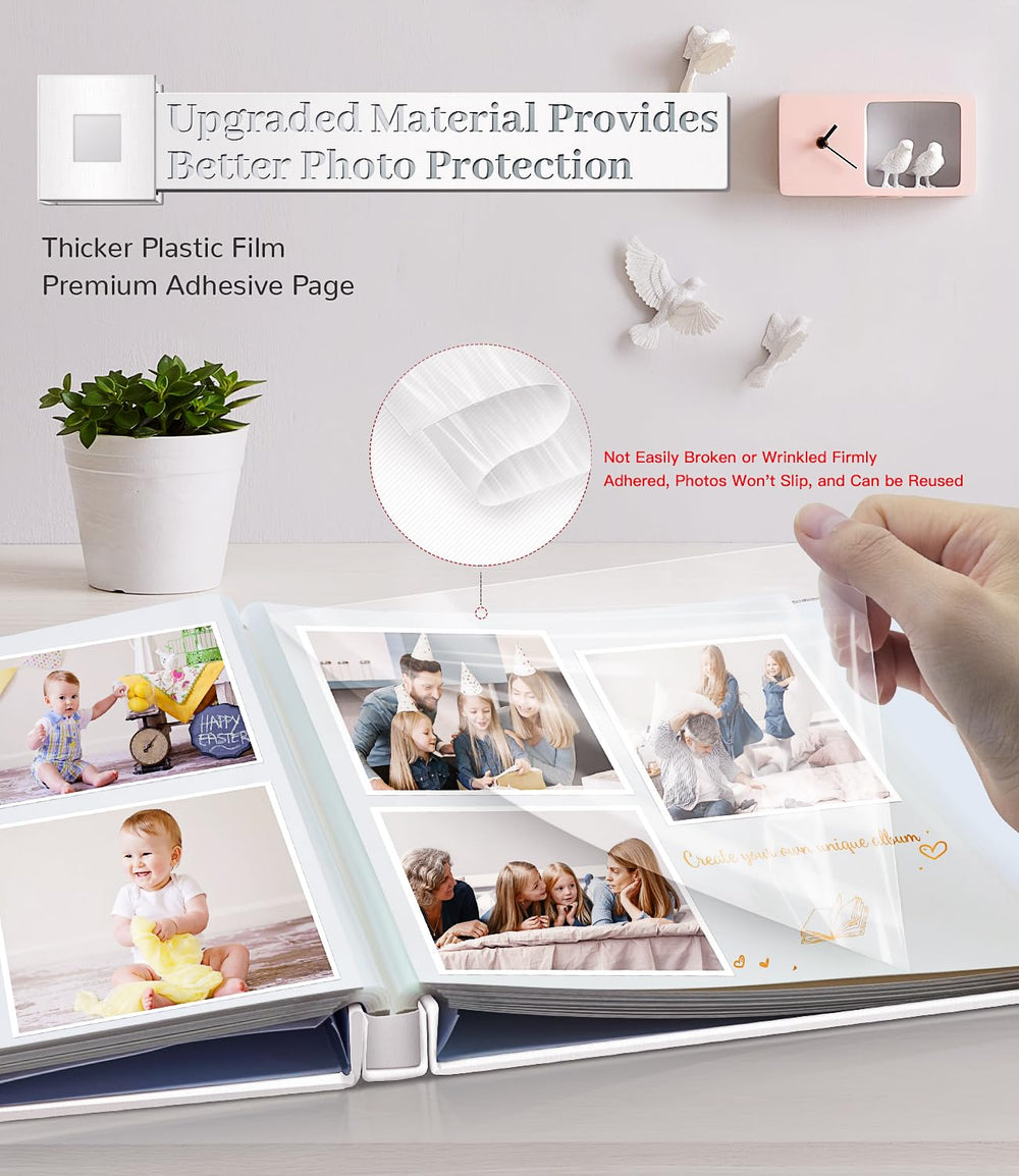 Artfeel photo album adhesive film keeps photos flat and secure.
