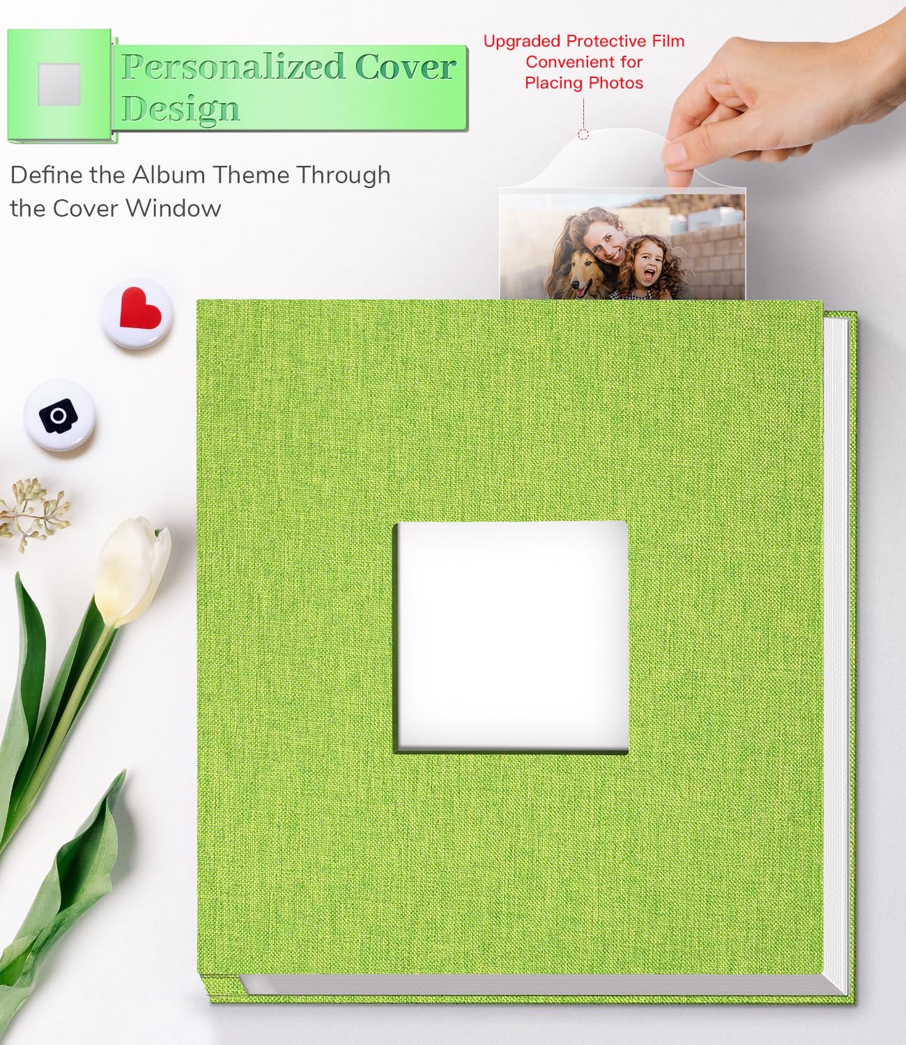 Artfeel photo album inside adhesive pages keep photos secure without wrinkling during placement.