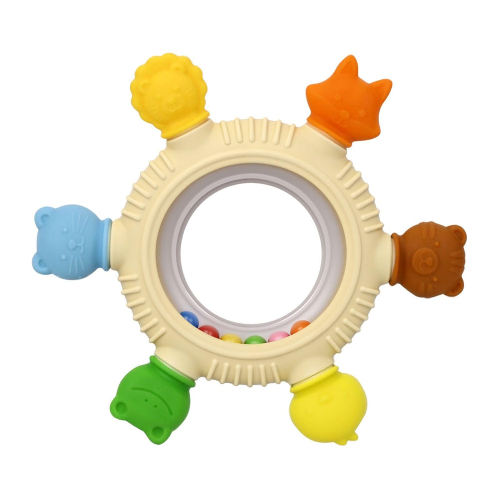 Arudyo baby teether animal ring in silicone helps soothe tender gums.