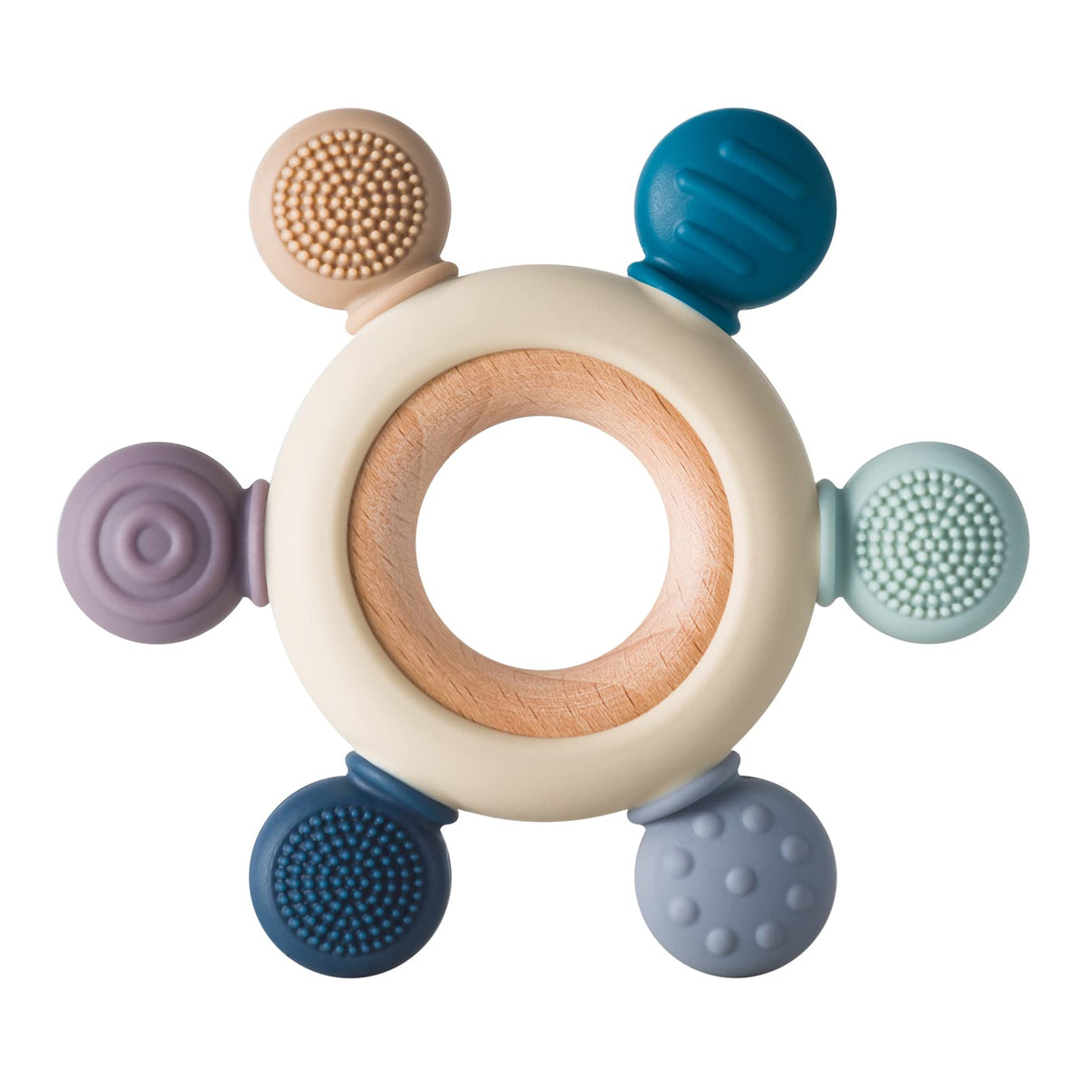 Arudyo silicone rudder teether in gray soothes gums.