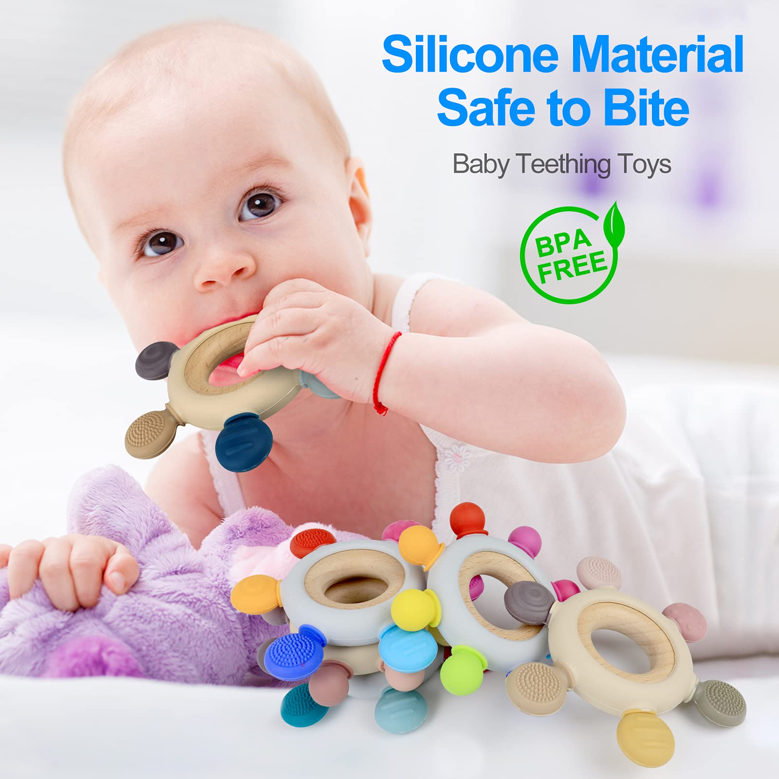 Arudyo teether with wooden ring in gray supports grasping.