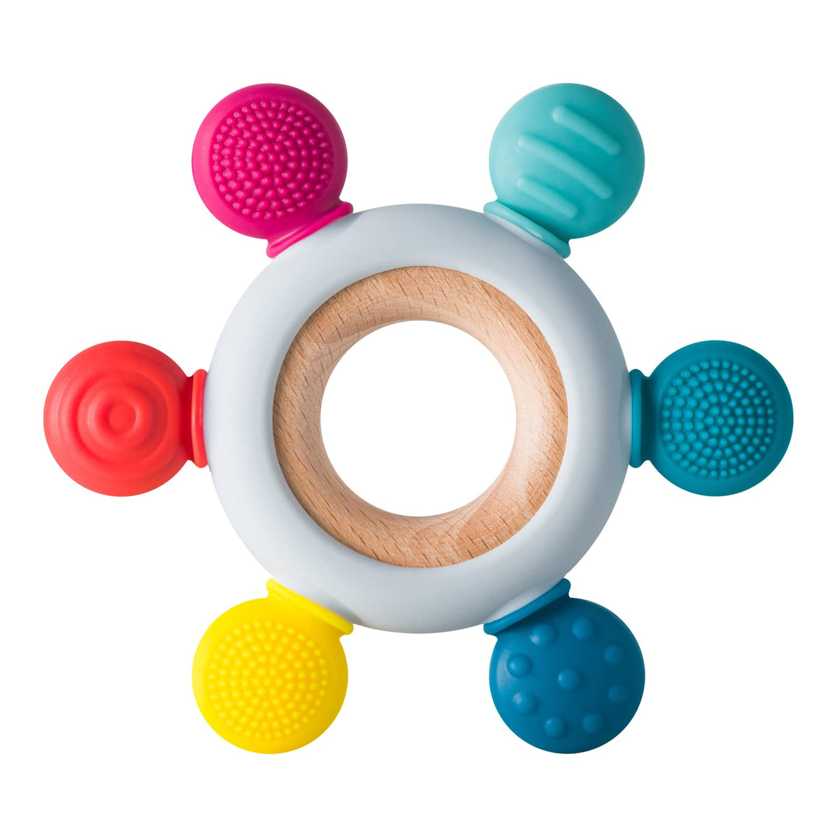 Arudyo Rainbow silicone teether rudder shows bright colors and safe ergonomic design for soothing gums.