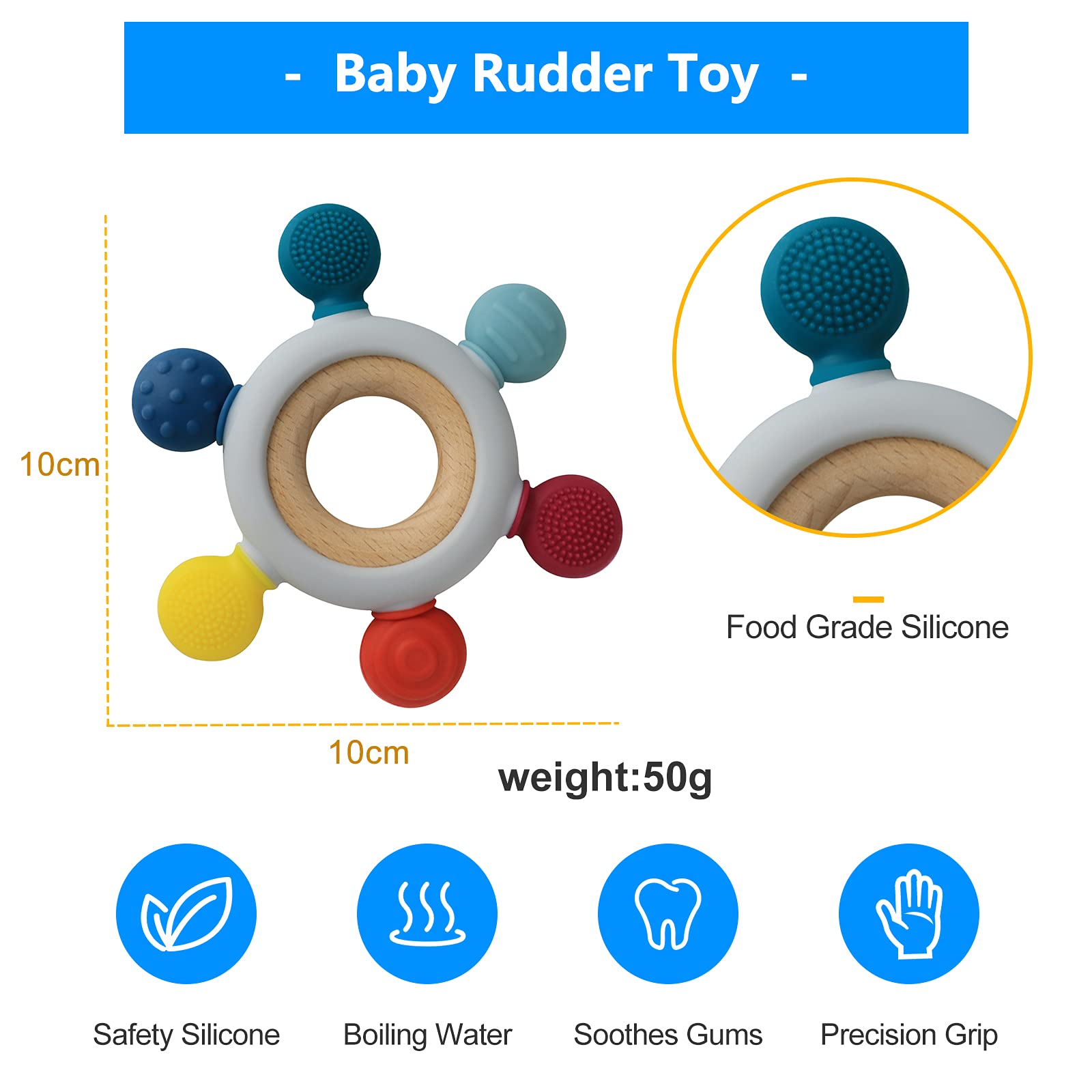 Arudyo Rainbow teether boil-safe silicone image emphasizes high-temperature cleaning and durable use.