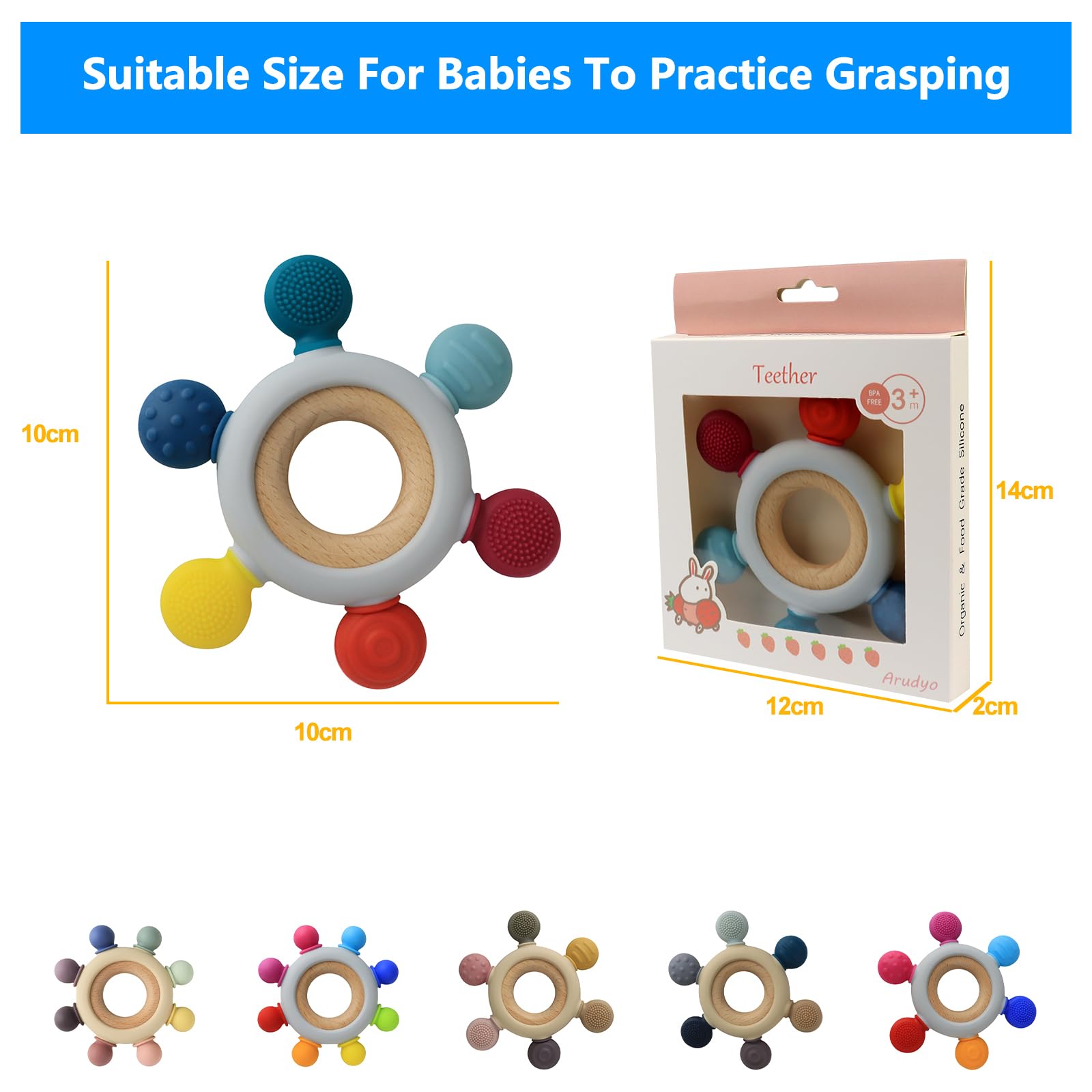 Arudyo Rainbow teether concave-convex surface encourages grip and gentle mouth massage.