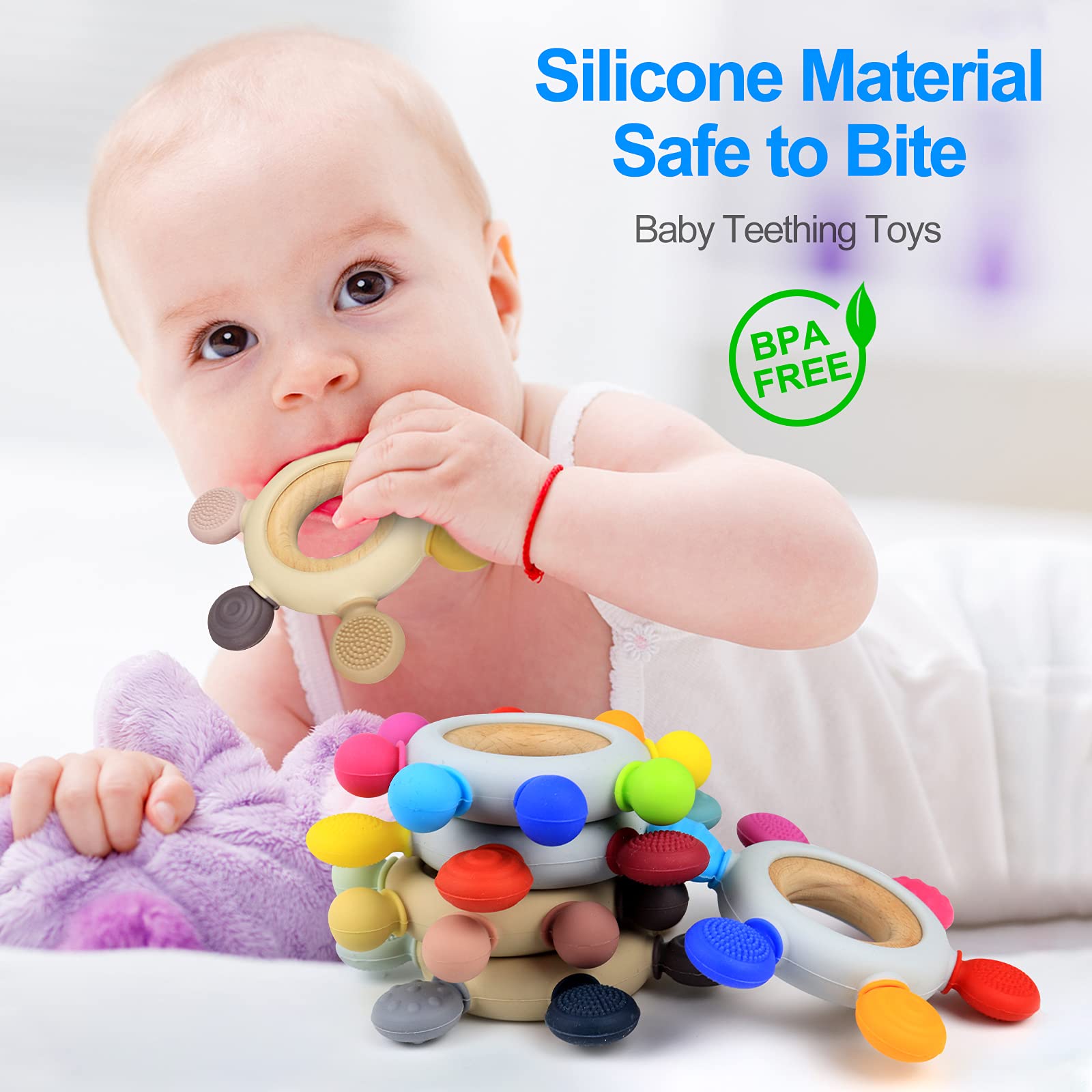Arudyo wooden beech teething ring provides a secure grip for tiny hands.