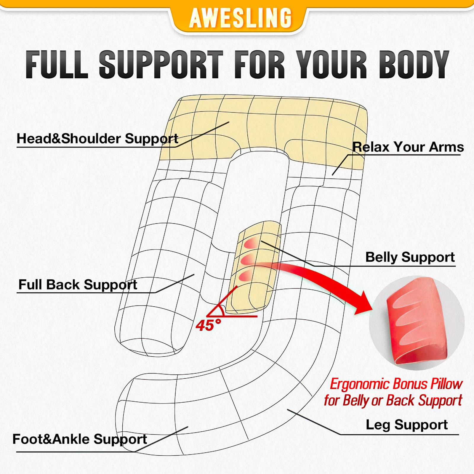 AS AWESLING universal-use pillow supports side, back, or stomach sleeping with plush versatility