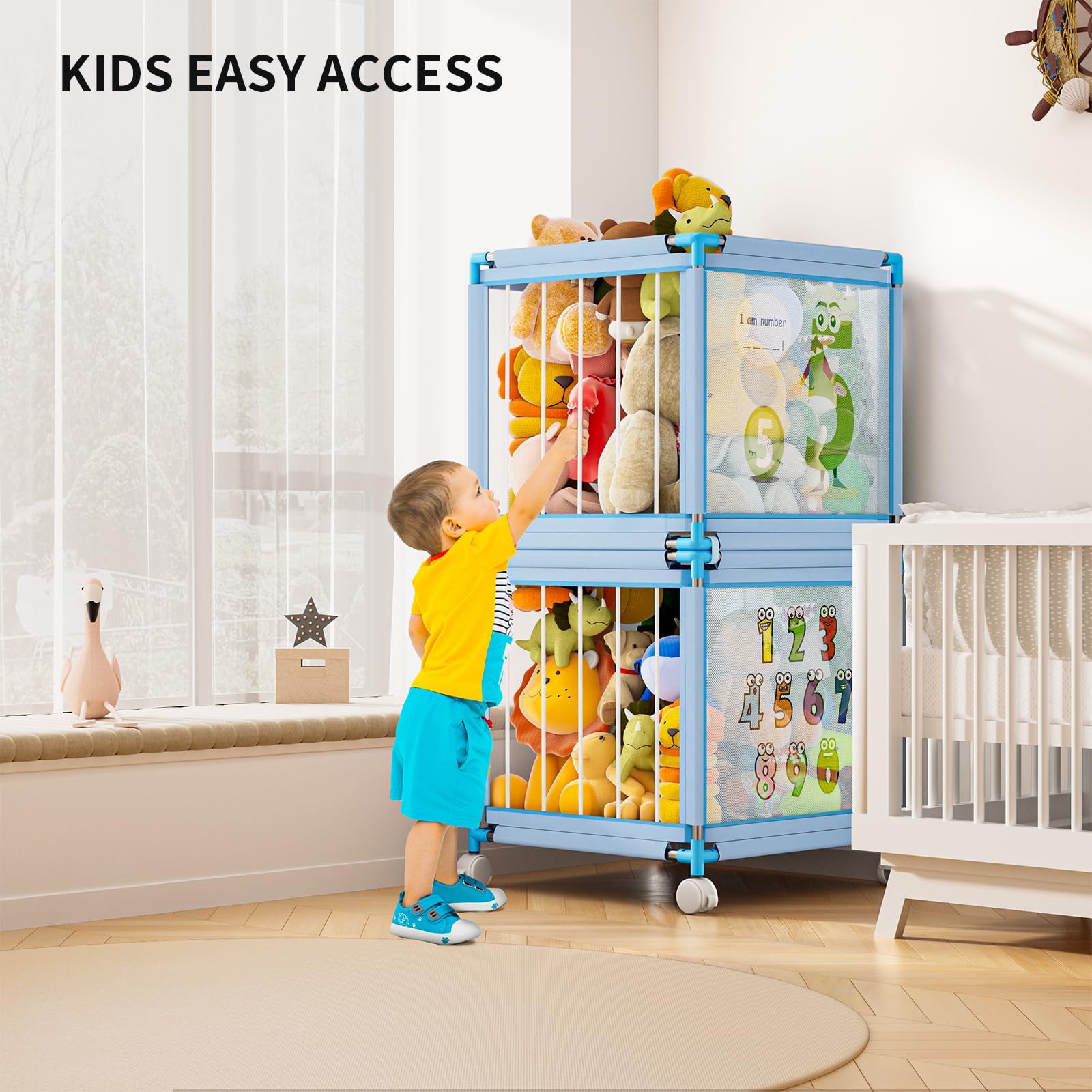 Asacbiiin storage zoo double-layer design sorts plushies by size.