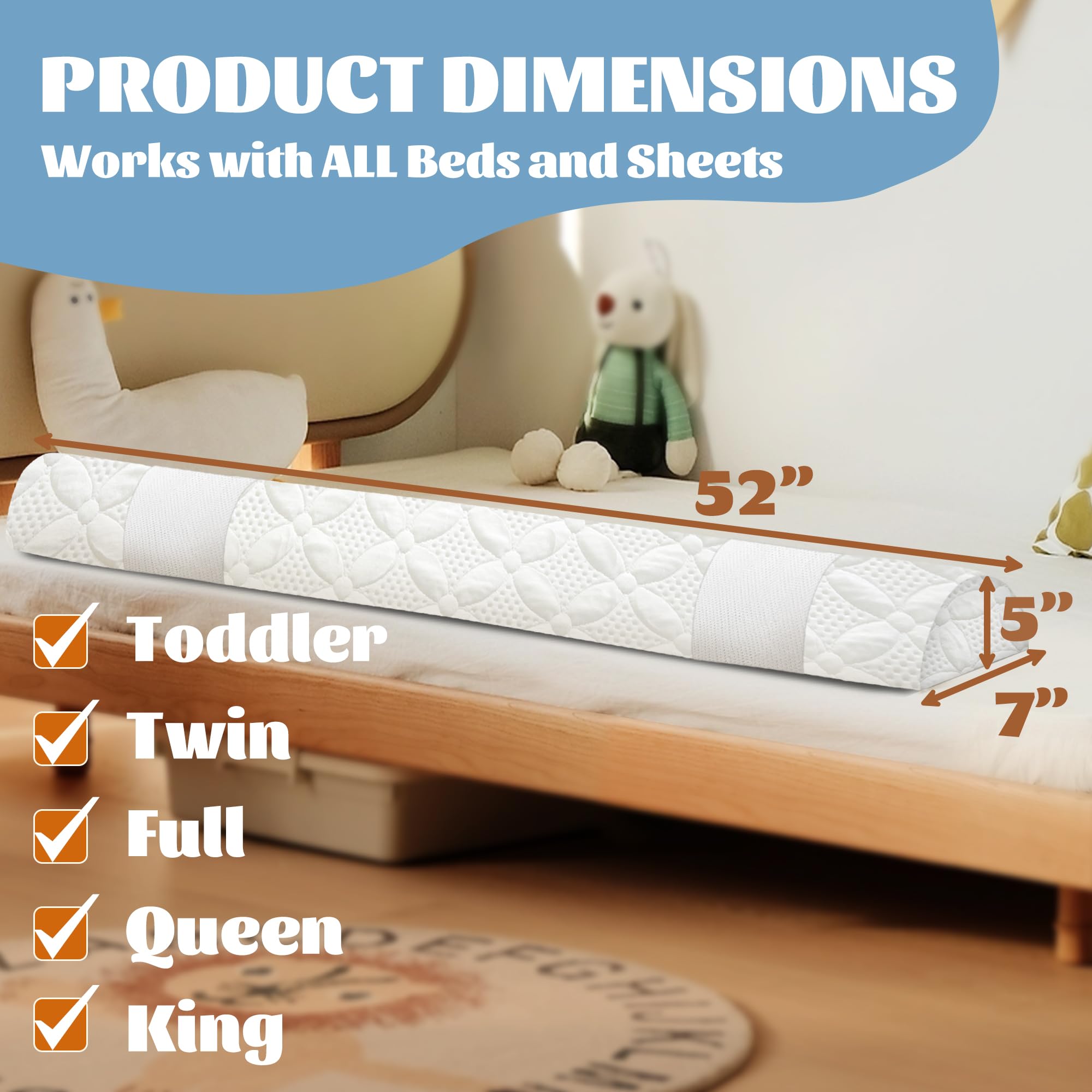Asatdd bed rail fits multiple bed sizes with a clear dimension guide.