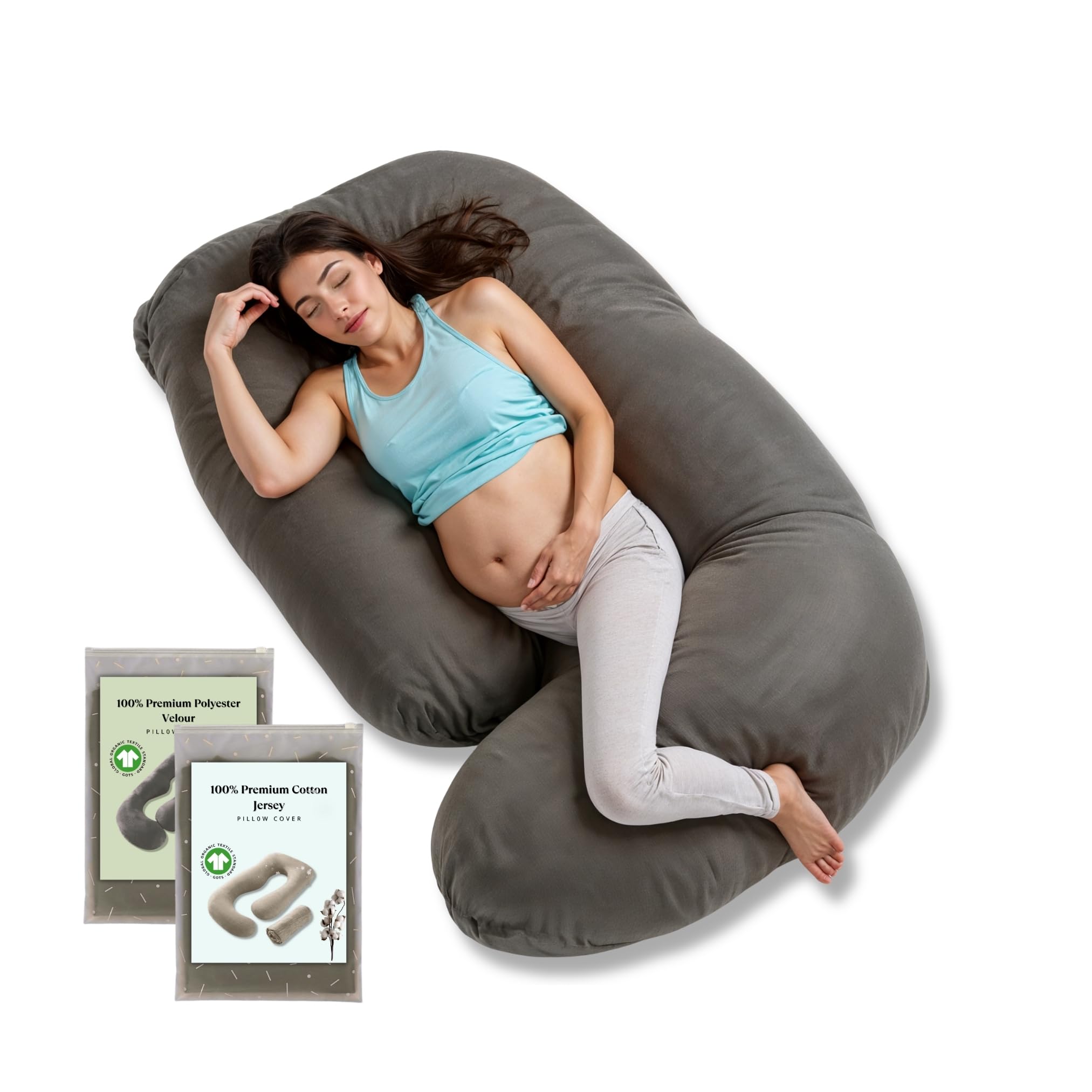 ASC Amour G pregnancy pillow in gray offers full-body support for comfortable sleep.
