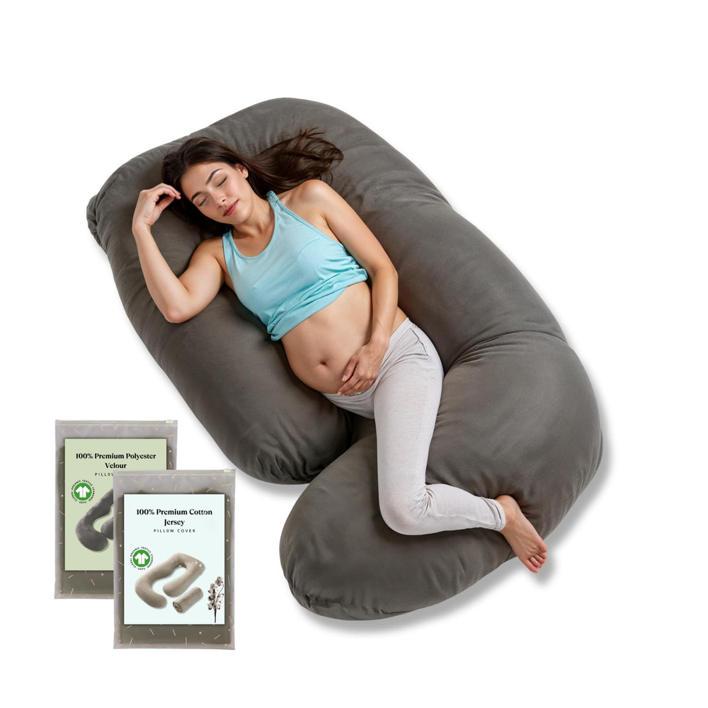 ASC Amour G pregnancy pillow in gray offers full-body support for comfortable sleep.