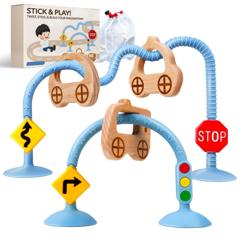 Ascnduup traffic-themed suction cup toy securely grips smooth surfaces for uninterrupted play.