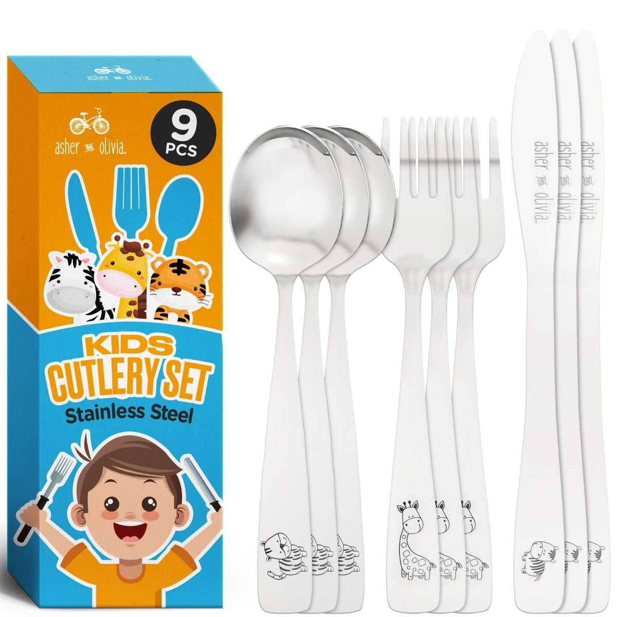 Asher and Olivia 9-piece utensils assembly shows beginner-friendly self-feeding for toddlers