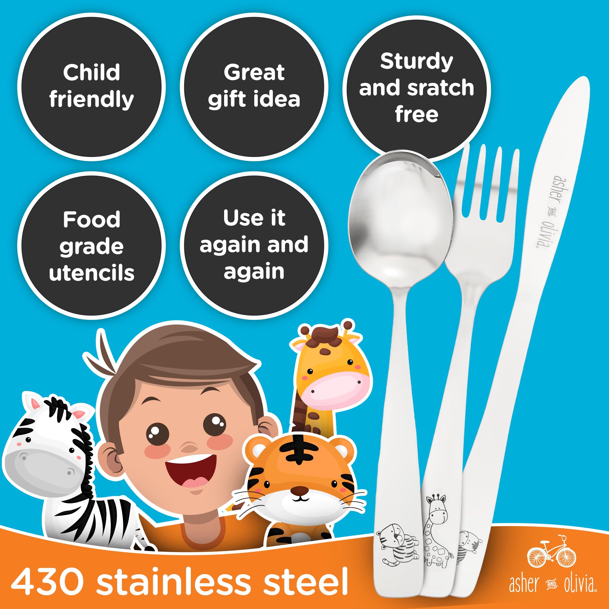 Asher and Olivia forks and spoons ergonomic design supports easy grip for small hands
