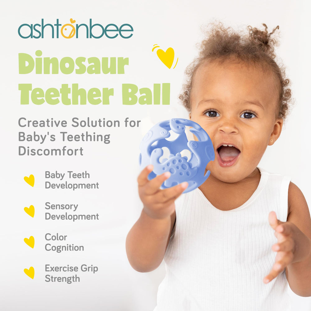 Ashtonbee dinosaur teething toy in hand for easy grip and play