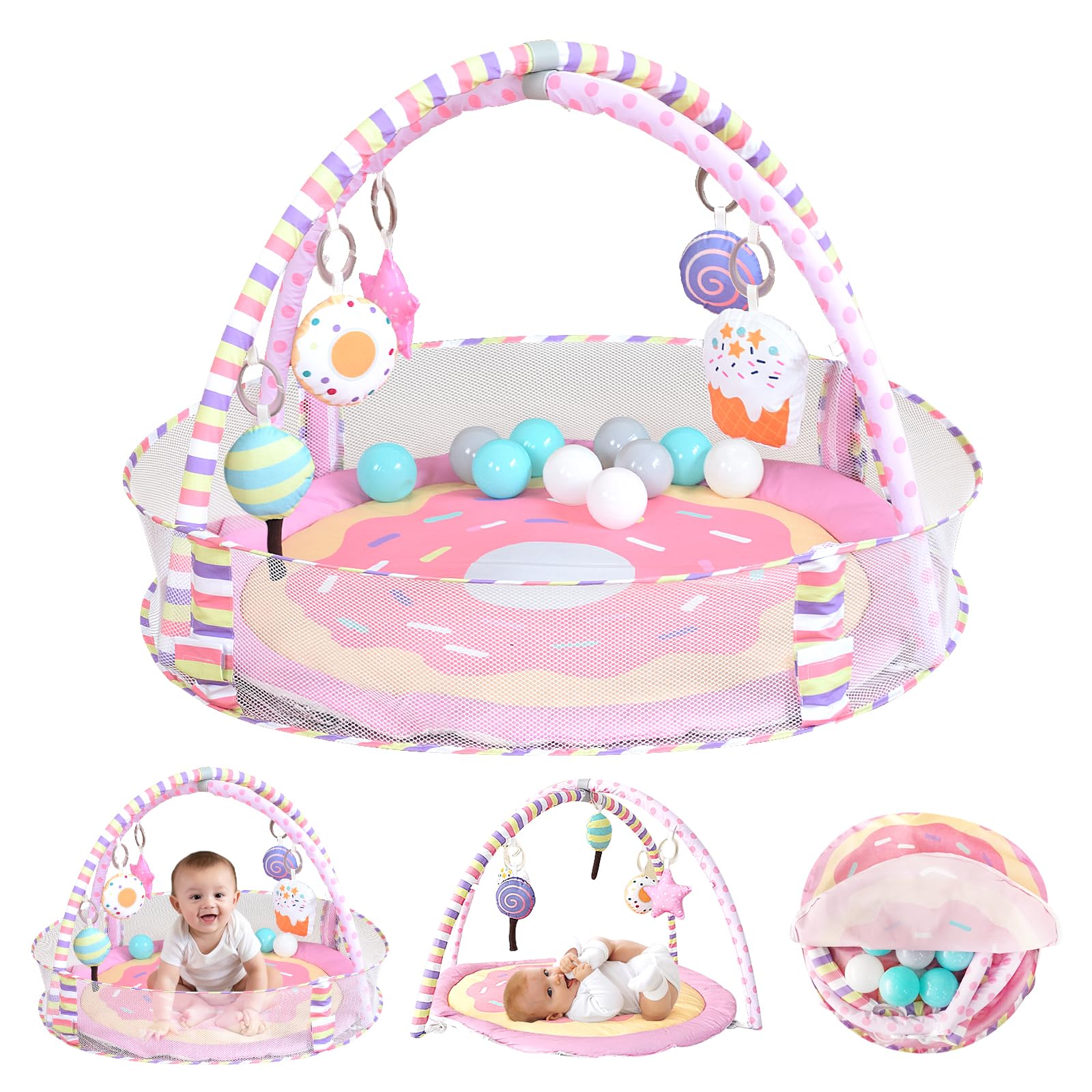 AskCat 4-in-1 play mat gym pink donut tummy time, with inviting exploration space.