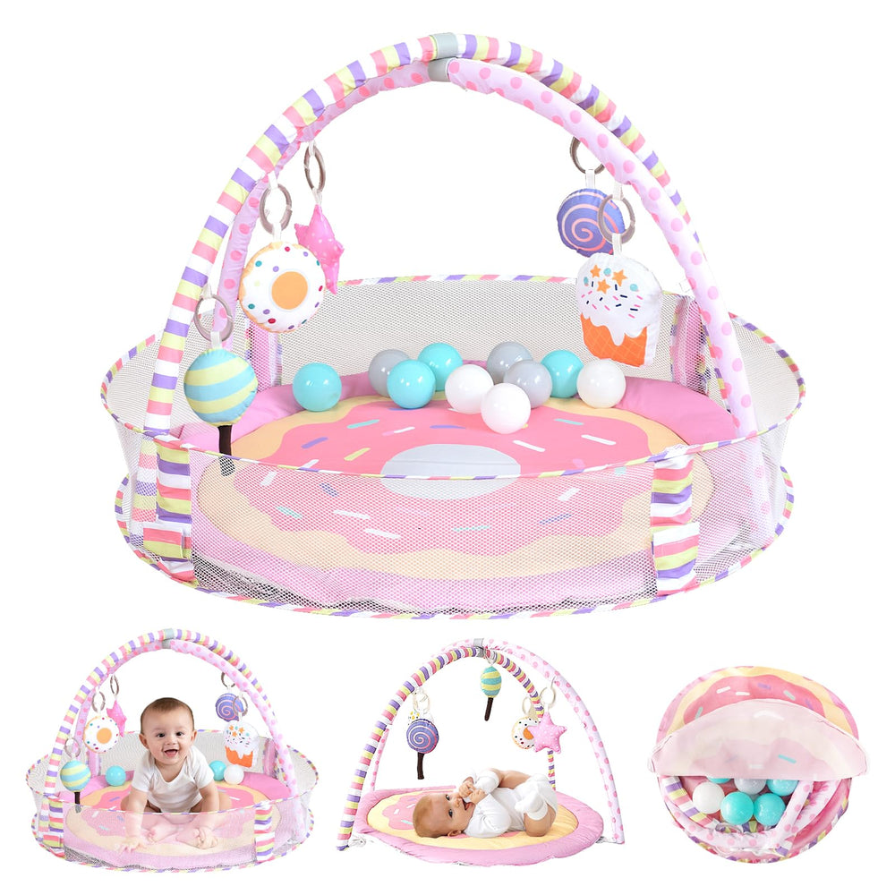 AskCat 4-in-1 play mat gym pink donut tummy time, with inviting exploration space.