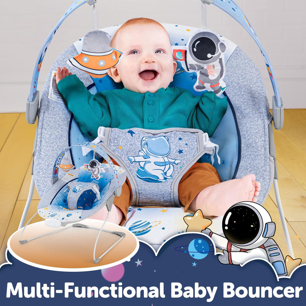 AskCat Baby Bouncer with animal-themed toys boosts visual and tactile stimulation