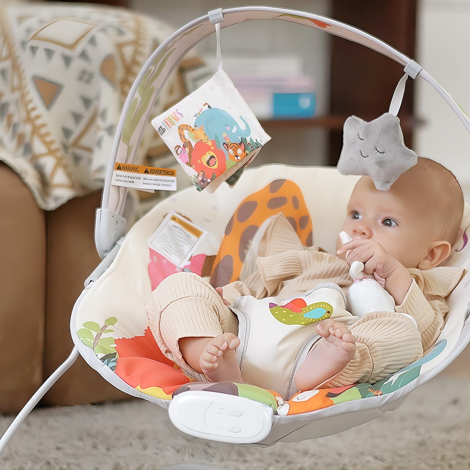 AskCat baby bouncer featuring soothing music for gentle sensory engagement.