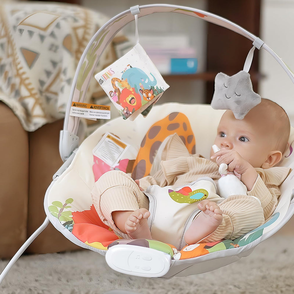 AskCat baby bouncer featuring soothing music for gentle sensory engagement.