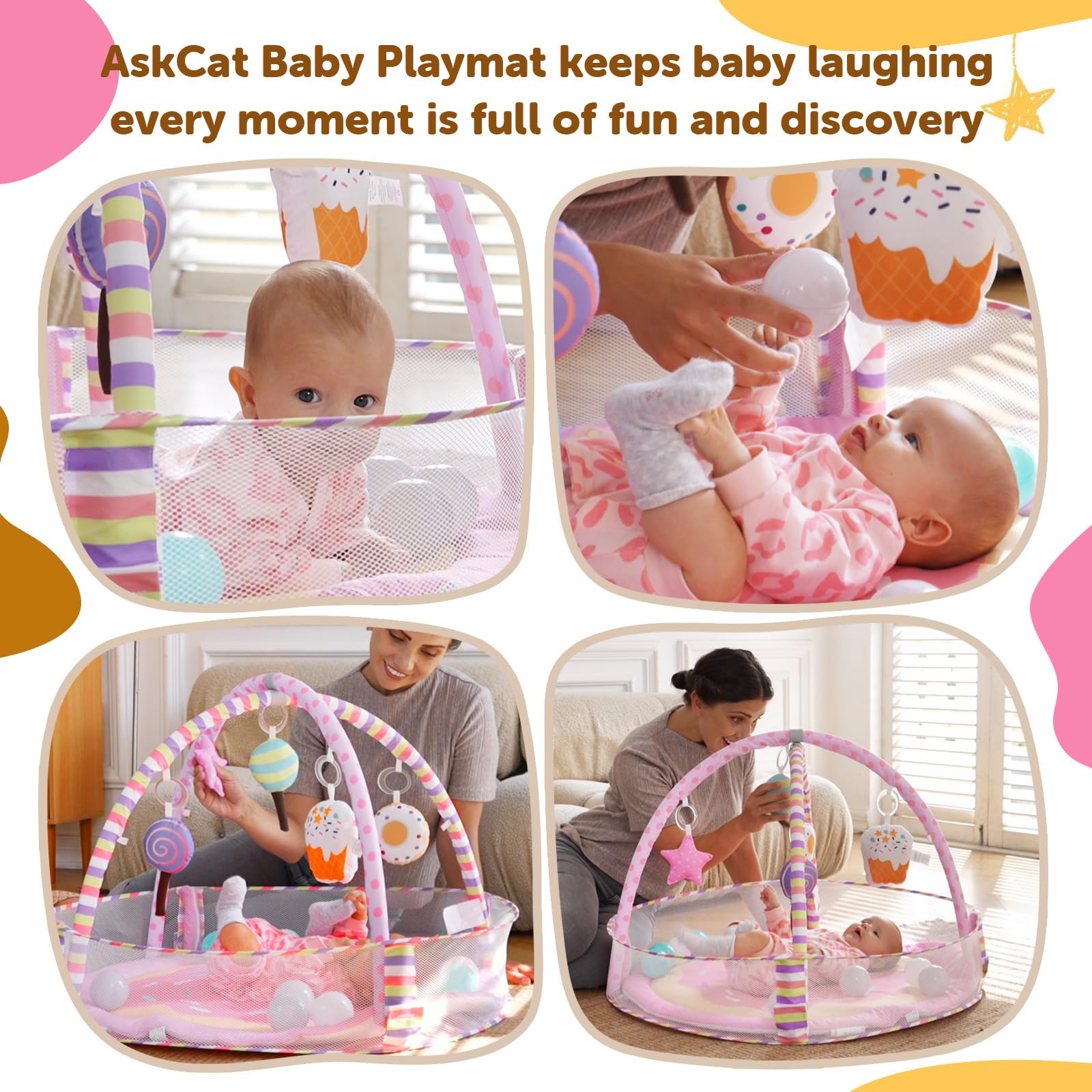 AskCat baby play gym with interchangeable plush toys for sensory play.
