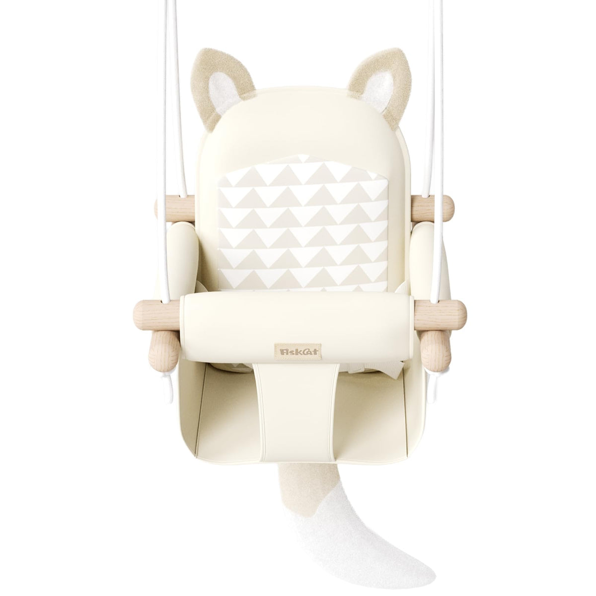 AskCat fox-themed wooden baby swing in beige for playful nursery fun.