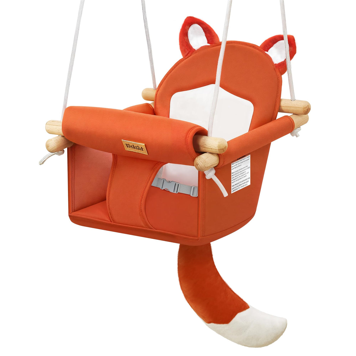 AskCat fox-themed wooden baby swing front view shows soothing motion and playful design